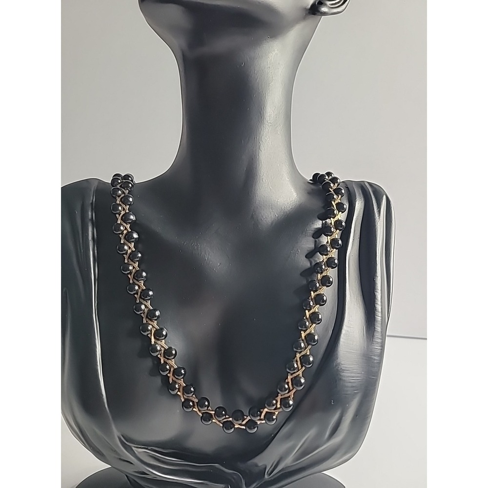 Vintage Black Bead Gold Tone Woven Chain Necklace Lattice‎ Link Statement